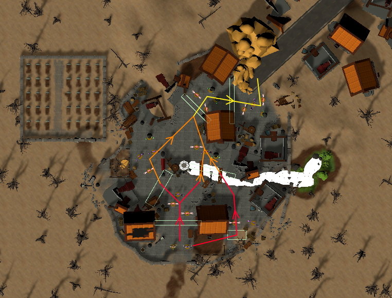 Top down view of the level with arrows indicating the directions the player can take